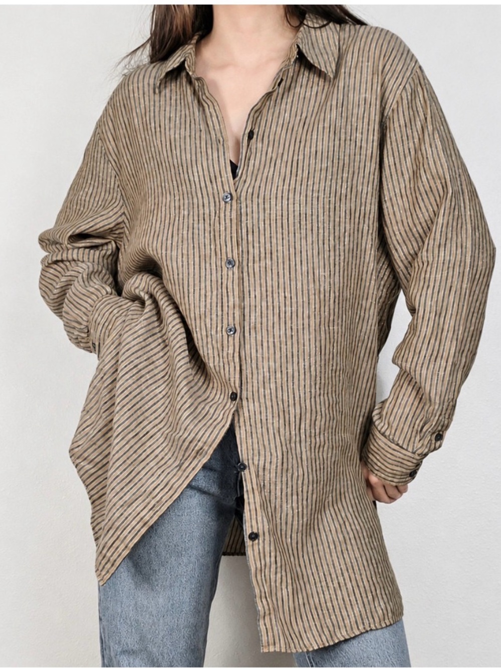 Boden Linen Metallic Stripe Oversized Button Up Shirt 12R Costal Boho Minimalist